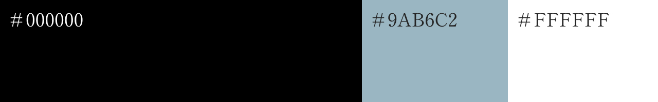 サイトデザインで使用したカラーコード:#000000、#9AB6C2、#FFFFFF